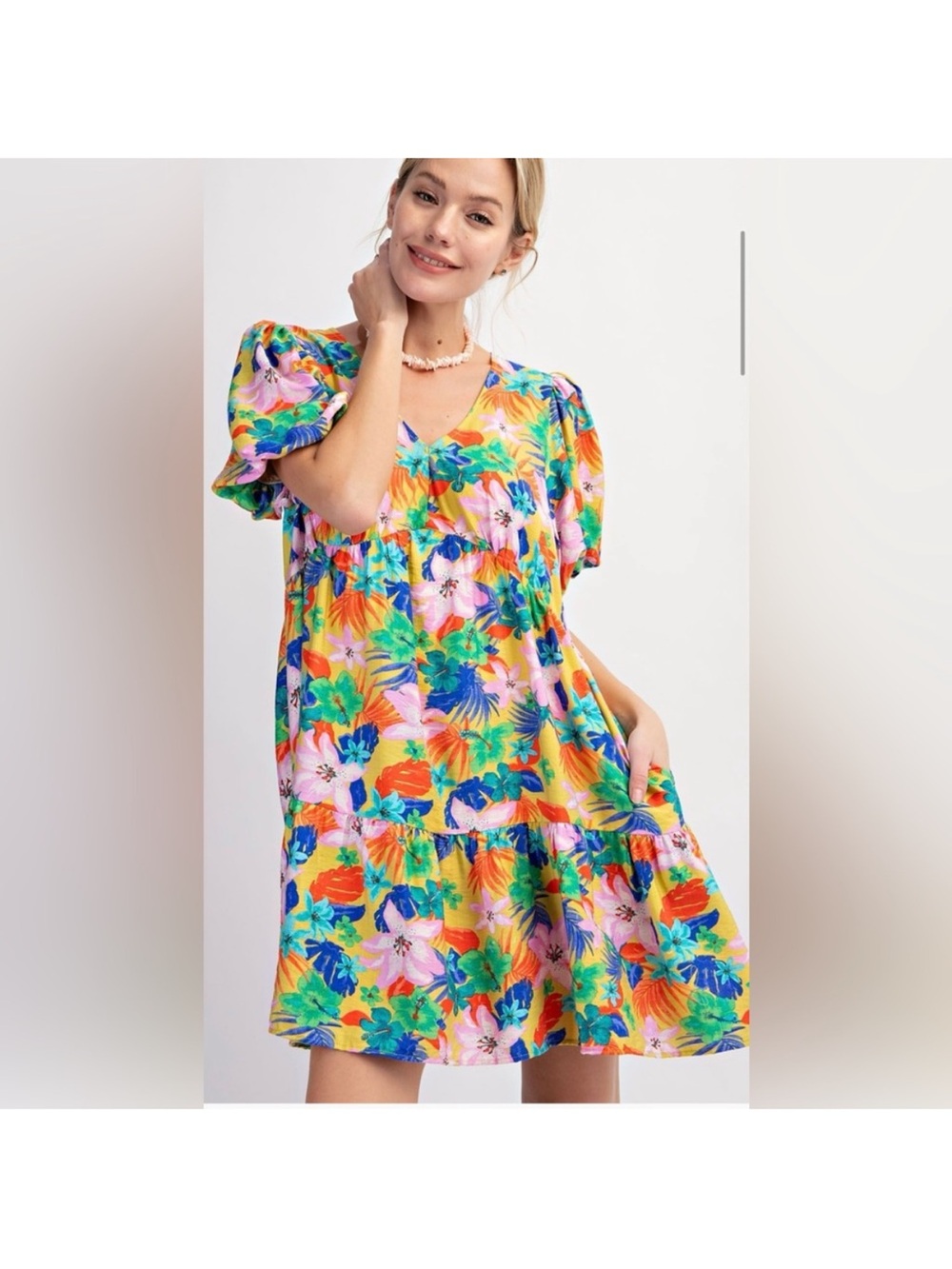 easel Tropical Floral Mini Dress in Yellow Pink Green - Picture 3 of 4